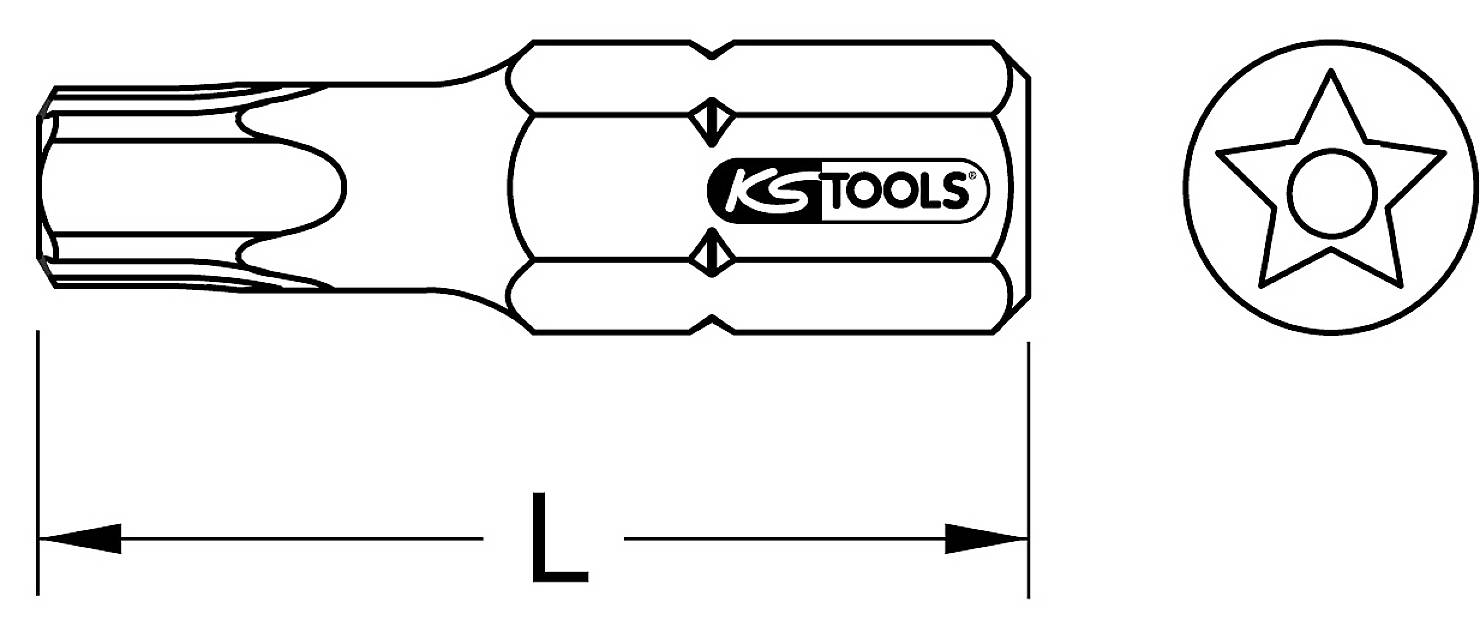 Screwdriver bit with hexagonal shaft and star-shaped tip, marked with 'KS Tools'. Measurements shown on both sides.
