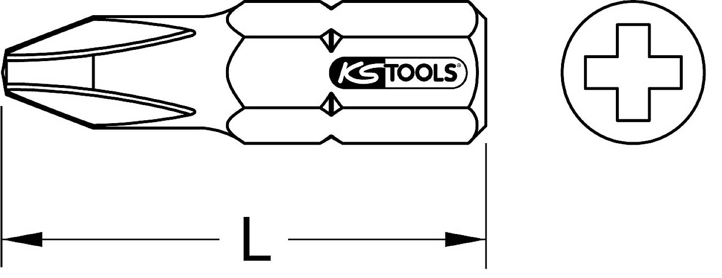 Image of a cross-head bit with length indication 'L' and KS Tools logo. Contains a symbol for cross-head screws.