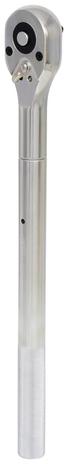 Torque wrench with a long handle and ratchet head, predominantly made of metal, used for precise tightening of bolts.