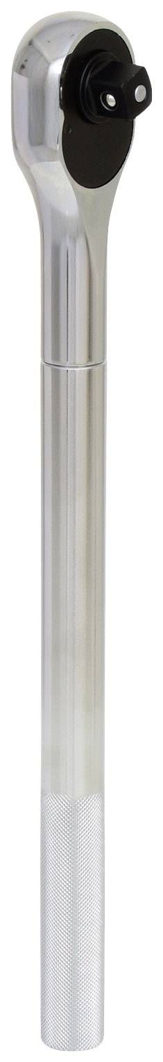 Silver torque wrench with a slender handle and black head, suitable for precise tightening of bolts or nuts.