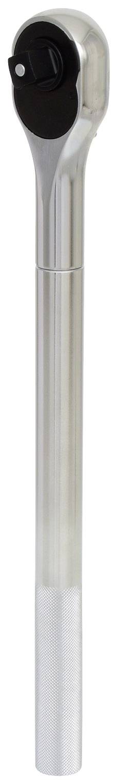 Silver torque wrench with knurled grip and adjustable head, for precise torque control.