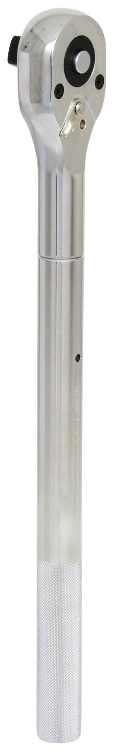 A silver-coloured torque wrench with a knurled handle and ratchet head, for precise setting of tightening torques.