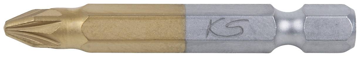 A two-tone screwdriver insert, half gold-coloured and half silver-coloured, with a logo engraved on the side.