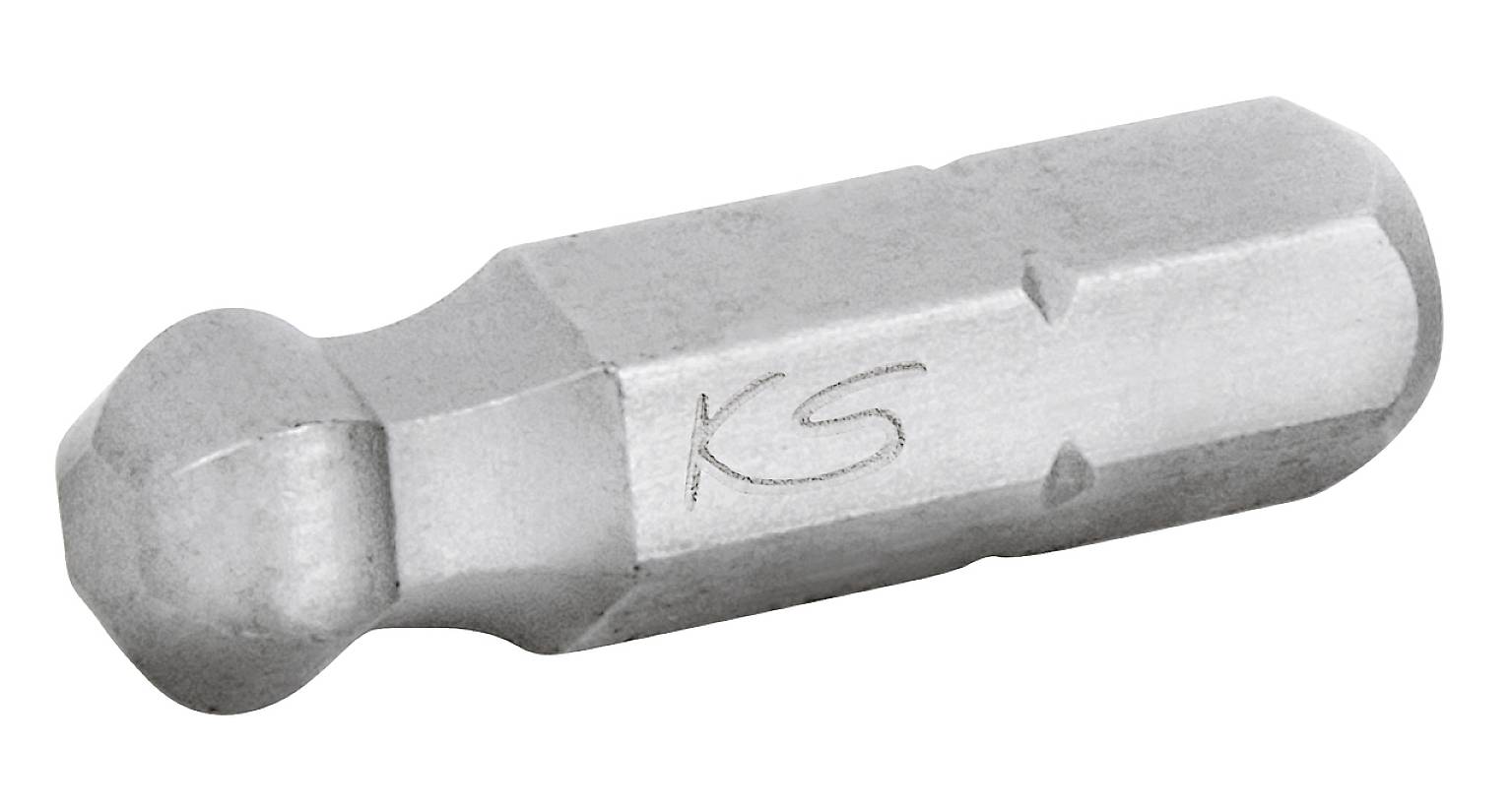 A silver screwdriver bit with a round head and 'KS' engraved on the side. Perfect for working with specialist screws.