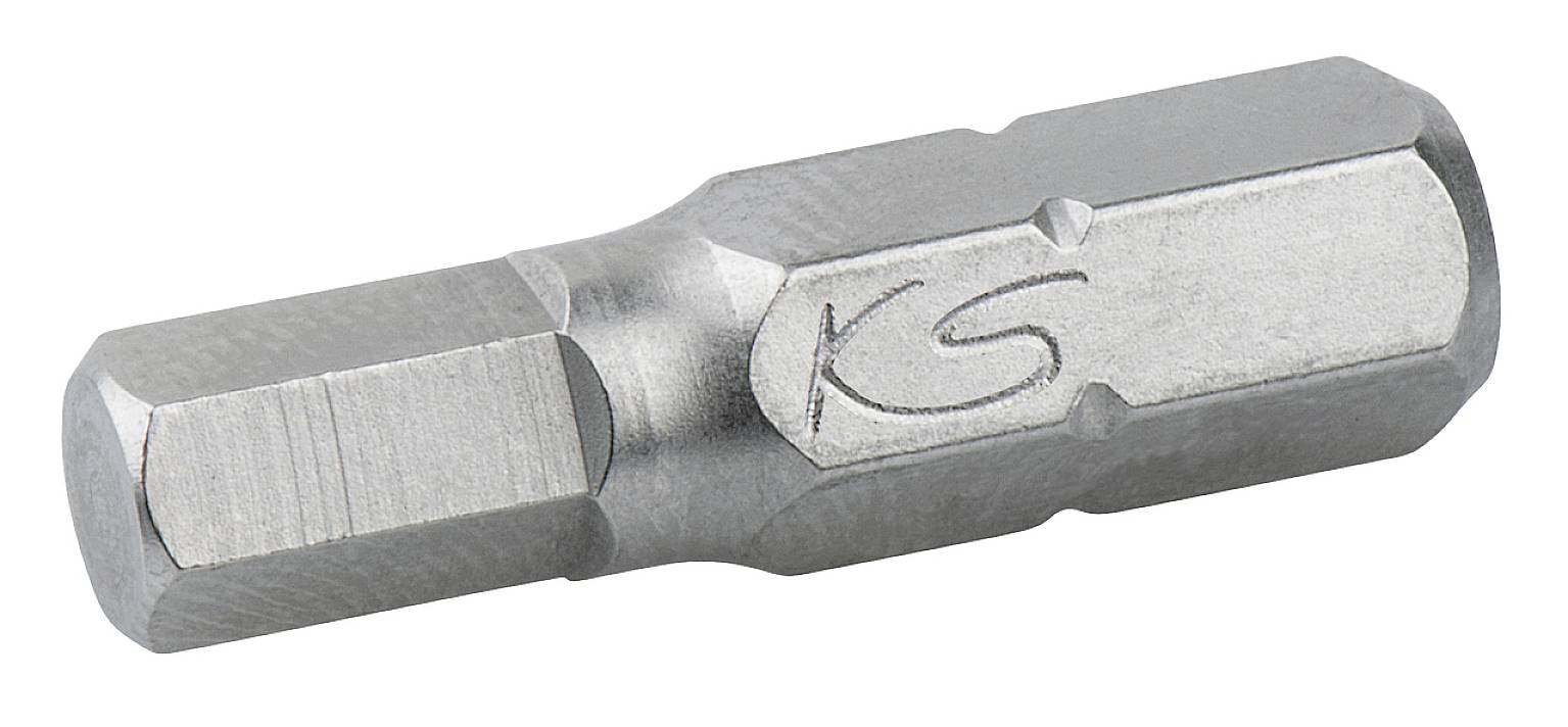 'Hexagonal metal socket bit with embossed logo, suitable for mechanical or craft applications.'