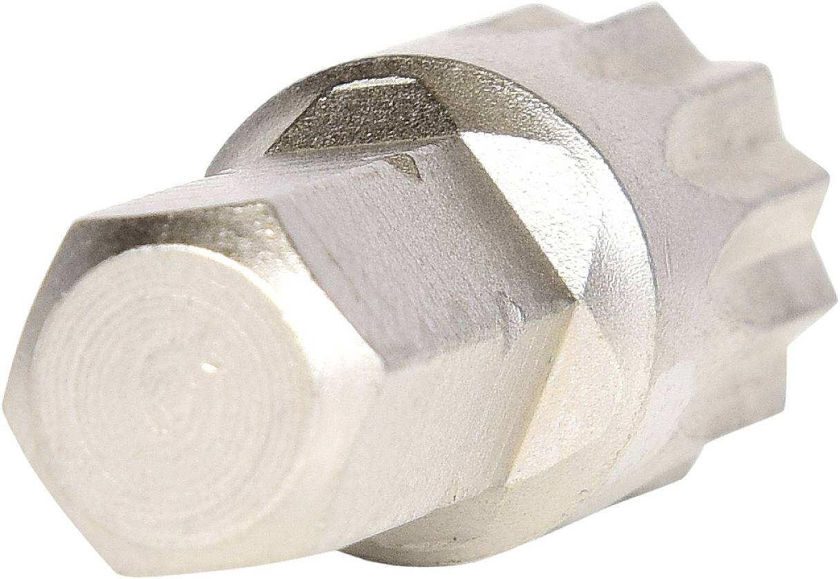 Metal hexagonal bit socket adaptor, silver-coloured, with a cylindrical head and serrated end. Suitable for screw-related work.