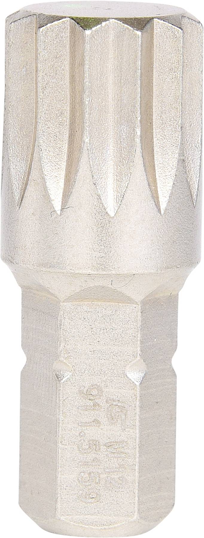 Metal screw head with 12-point head and hexagonal base. Used for tightening or loosening bolts.