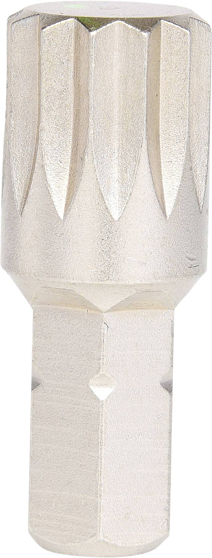 Metal screw head, hexagon with grooved pattern, silver-coloured. Used for tightening or loosening screws in construction projects.