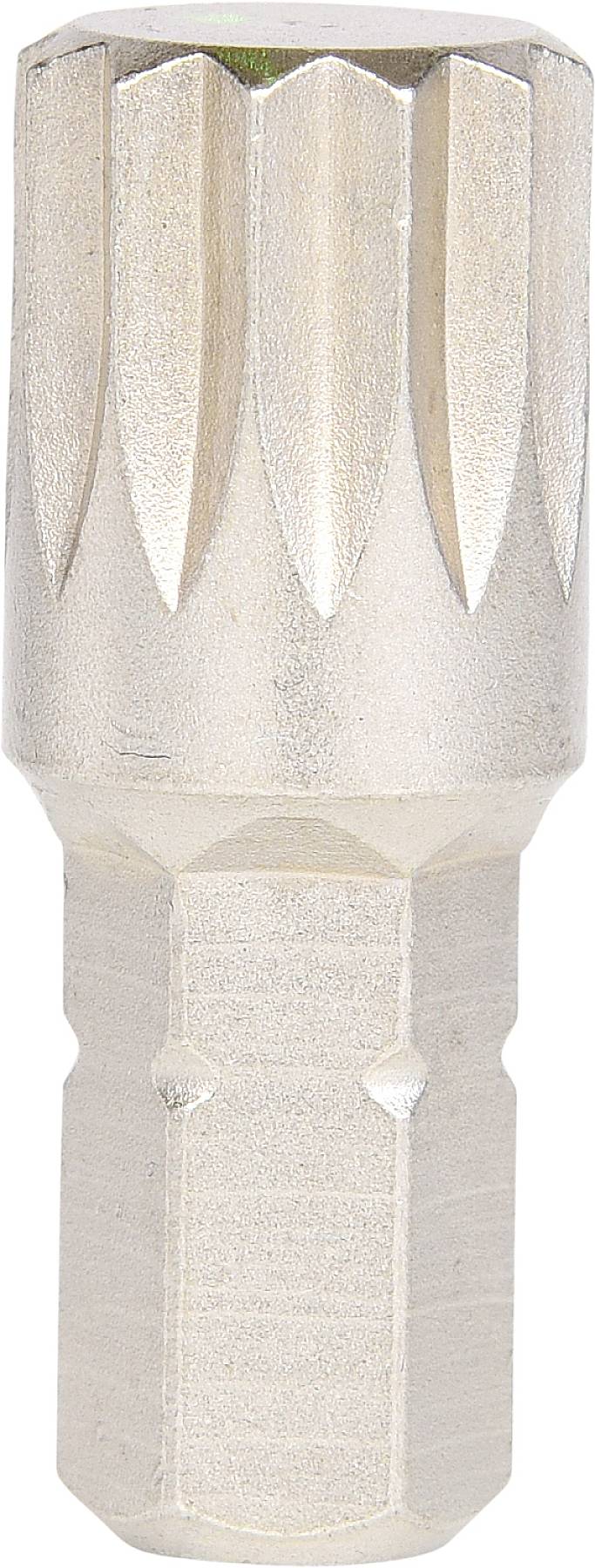 Metal hexagonal bit adapter with a ribbed surface. Suitable for use with drills or screwdrivers.