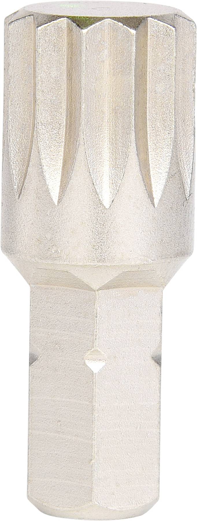 A silver metal attachment, presumably a specialist tool head with a serrated tip, suitable for specific screw diameters.