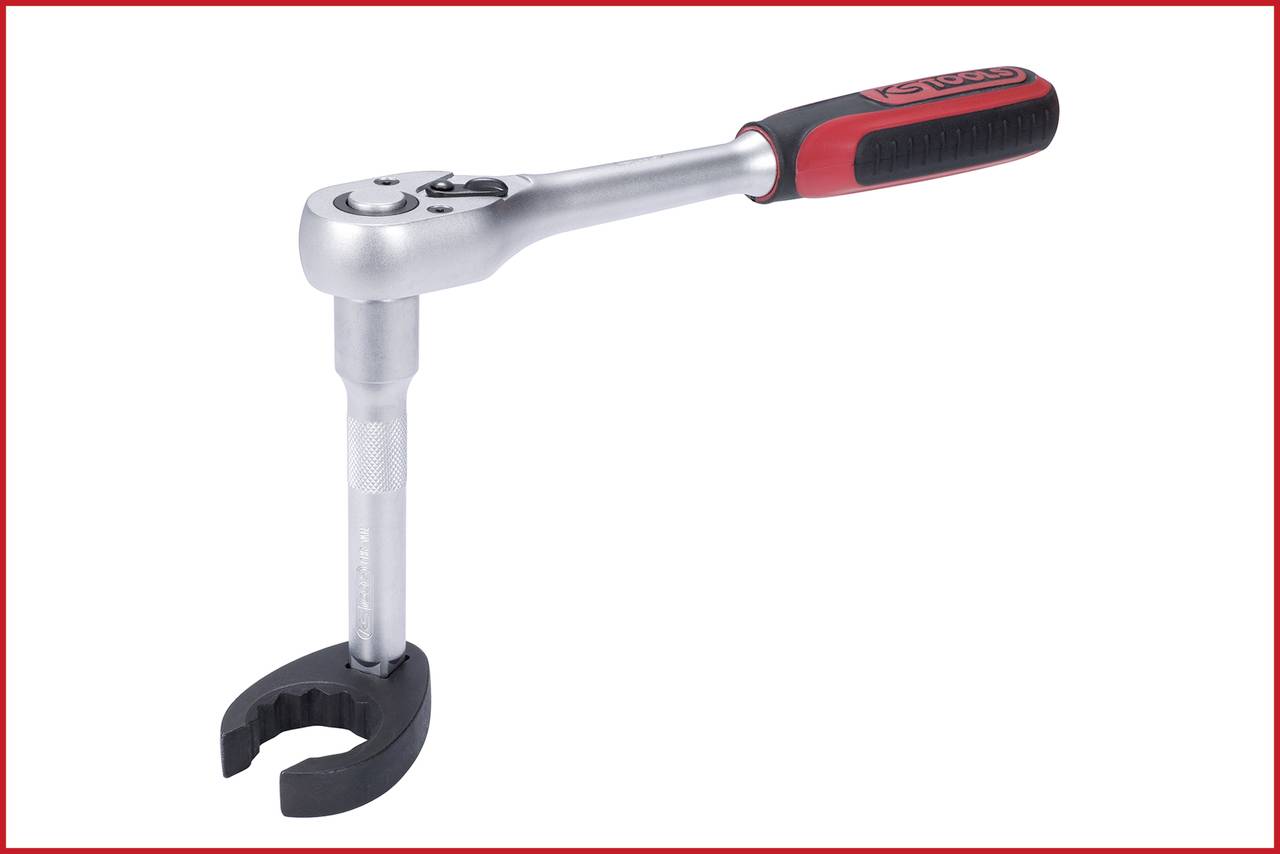 An adjustable ratchet spanner with red and black handle, perfect for tightening or loosening hard-to-reach nuts.