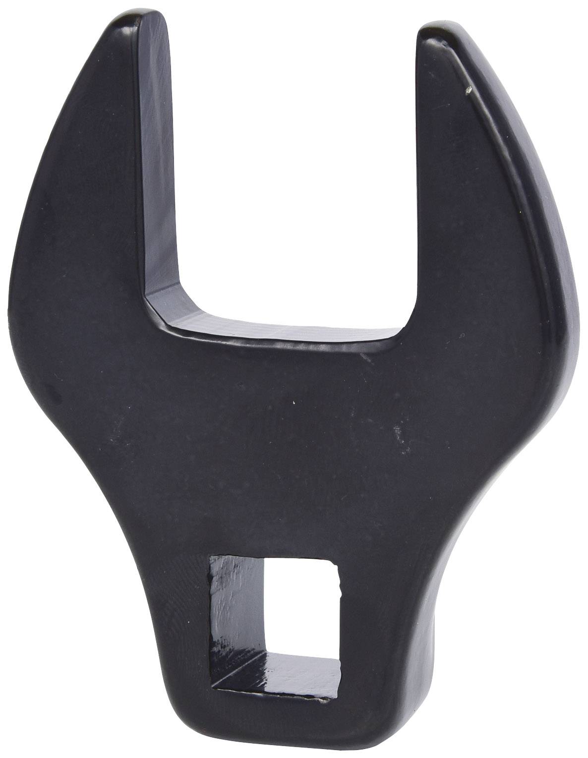 A black, open-ended spanner with a rectangular opening in the lower section, used for tightening nuts and bolts.