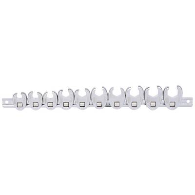 A row of nine silver spanners lined up on a metal stand, each with an open-ended jaw.