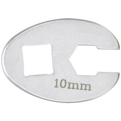 Silver spanner attachment with '10 mm' inscription and two openings for different screw head sizes.