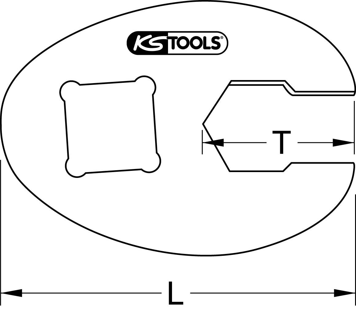 Figure of a tool with dimensions 'L' and 'T', featuring a distinctive cut-out and a square element. Brand logo visible.