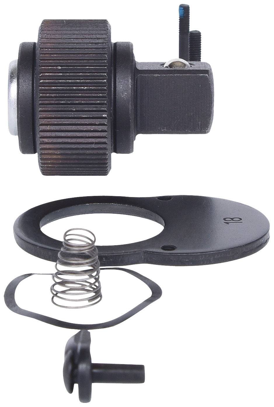 A disassembled ratchet mechanism set with a spring, a sealing ring, a cover, and a gear-like component.