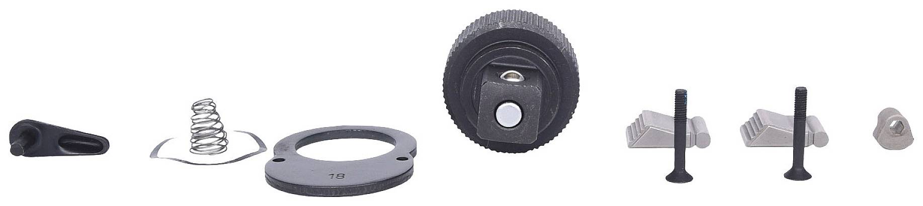 Various components of a camera tripod, including a rotating knob, springs, and screws, laid out on a white surface.