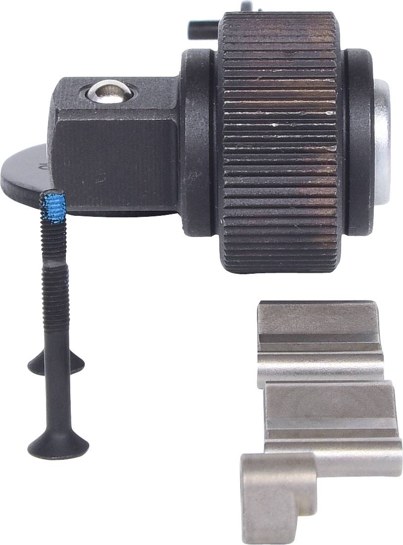 A silver, cylindrical device holder with a black gear wheel and blue details next to two metallic mountings.