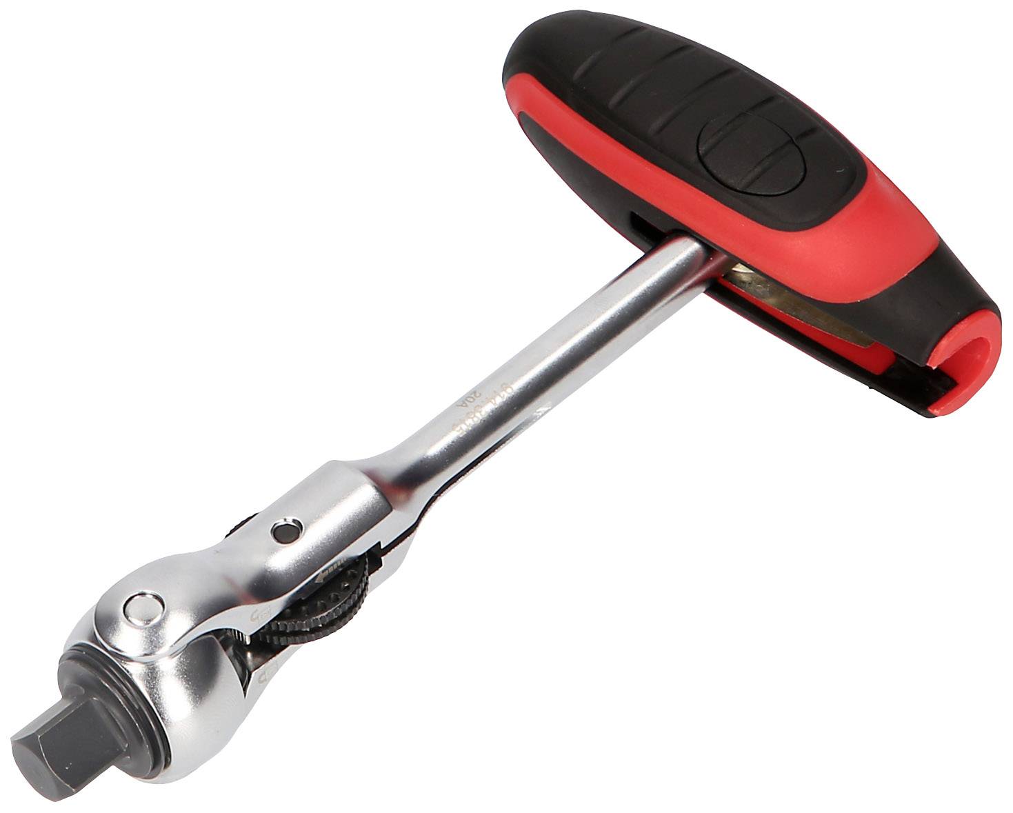 A ratchet with a red and black handle, made of shiny metal. It is a tool used for tightening or loosening screws and nuts.
