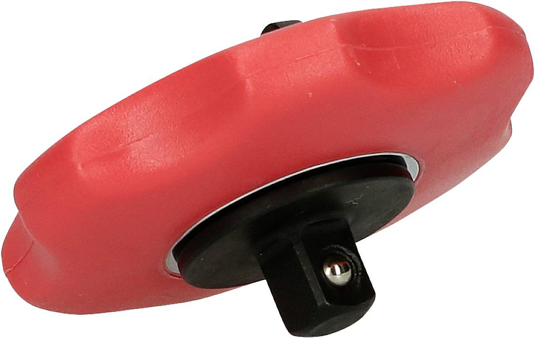 Red plastic star knob with black metal threading, used for fastening or adjusting machine components.