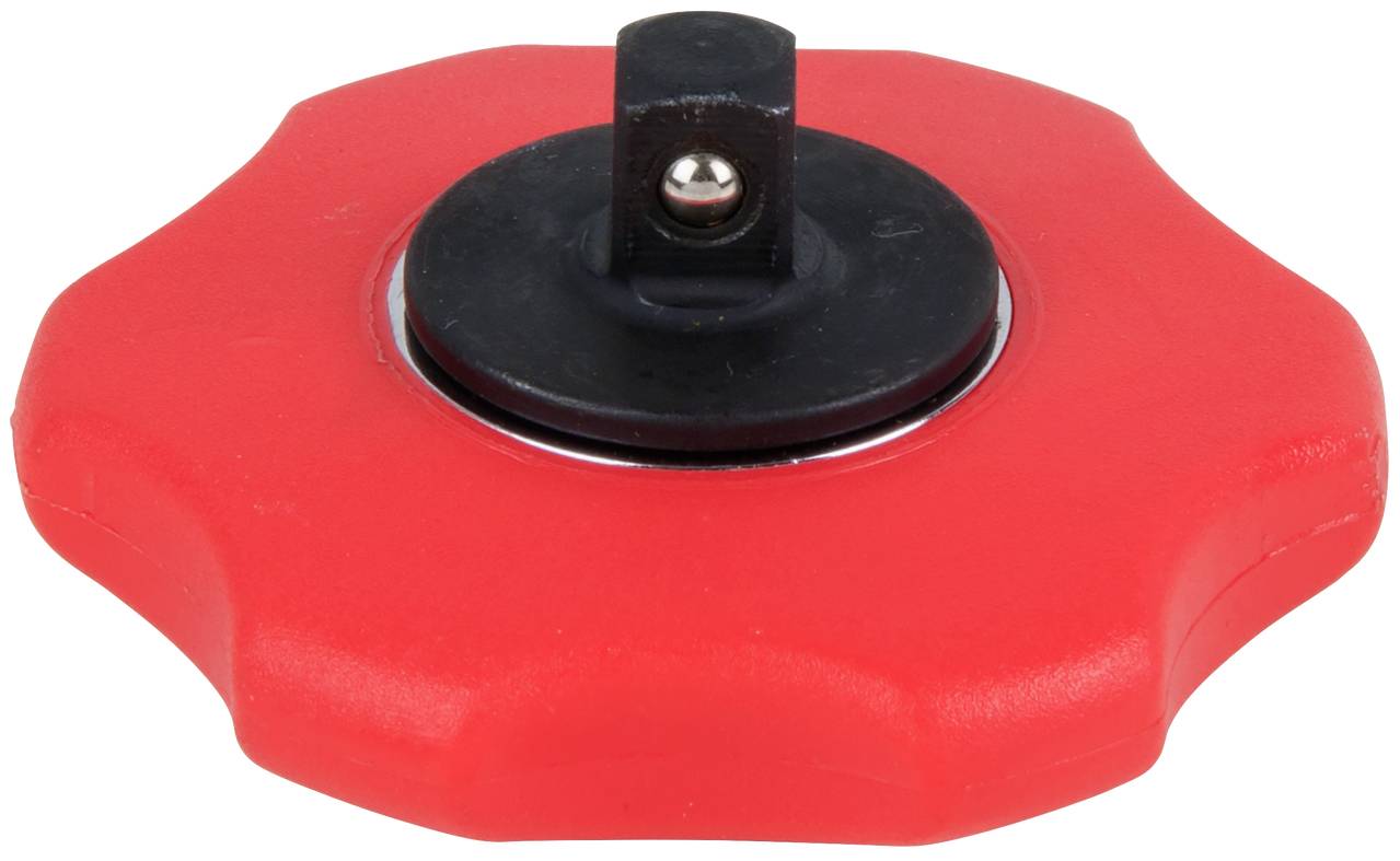 Red, round plastic knob with a black metal part in the centre. Used for fastening or as a handle, similar to a screw cap.