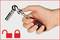 A spanner is held in one hand, underneath which are two symbols of an open and a closed padlock.