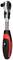 'Ratchet with red and black handle, made of metal and plastic. Used for operating screwdriver bits.'