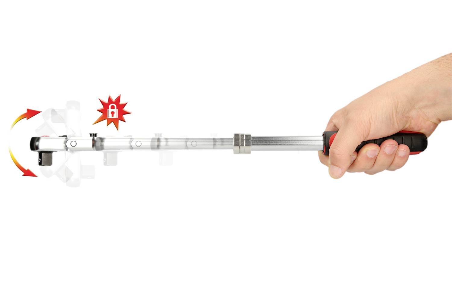 A hand holds a retractable pole that adjusts in length and is indicated with a lock in its extended position.