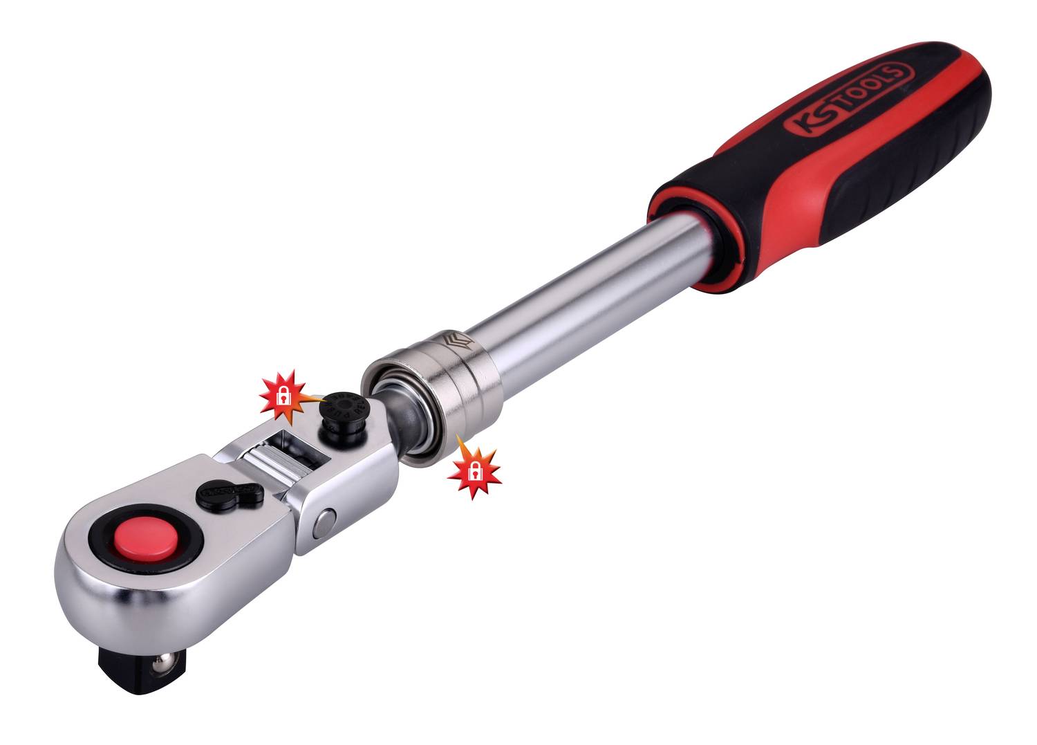 Torque wrench with a black handle and red button at the tip. Marked areas: Square drive and torque adjustment.