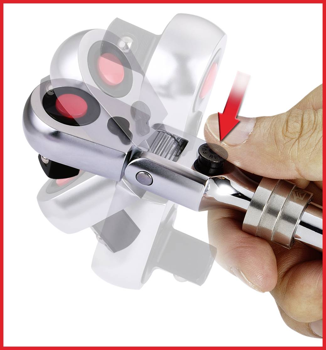 A hand demonstrates how a ratchet is adjusted by pressing a button, with a red animation indicating the movement.