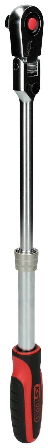 Torque wrench with black and red handle, used for precisely tightening screws, with an adjustable head.