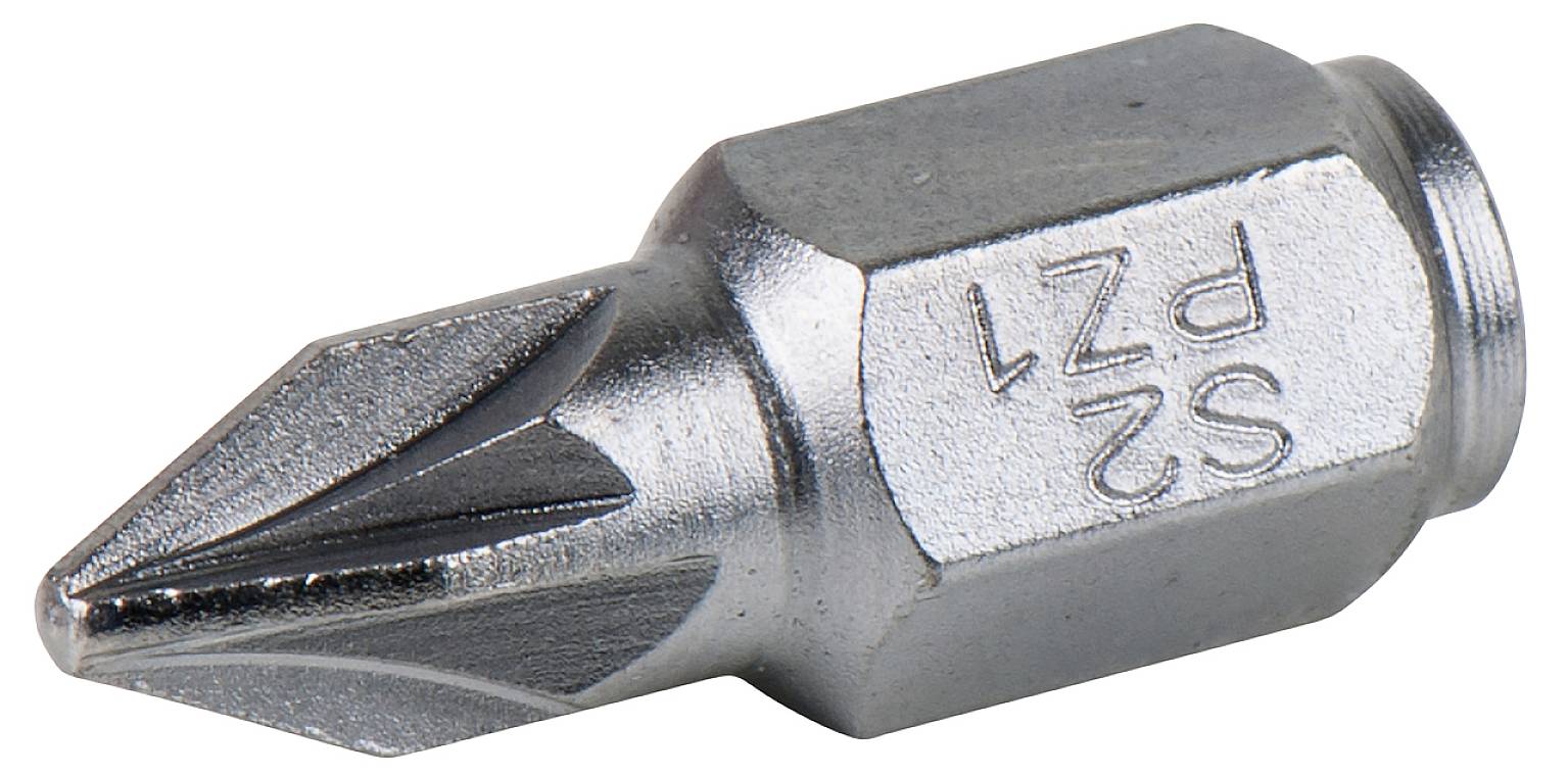Pozidriv bit with cross-head profile, size PZ1, for screwdriver or drill, made of metal, for precise screwing.