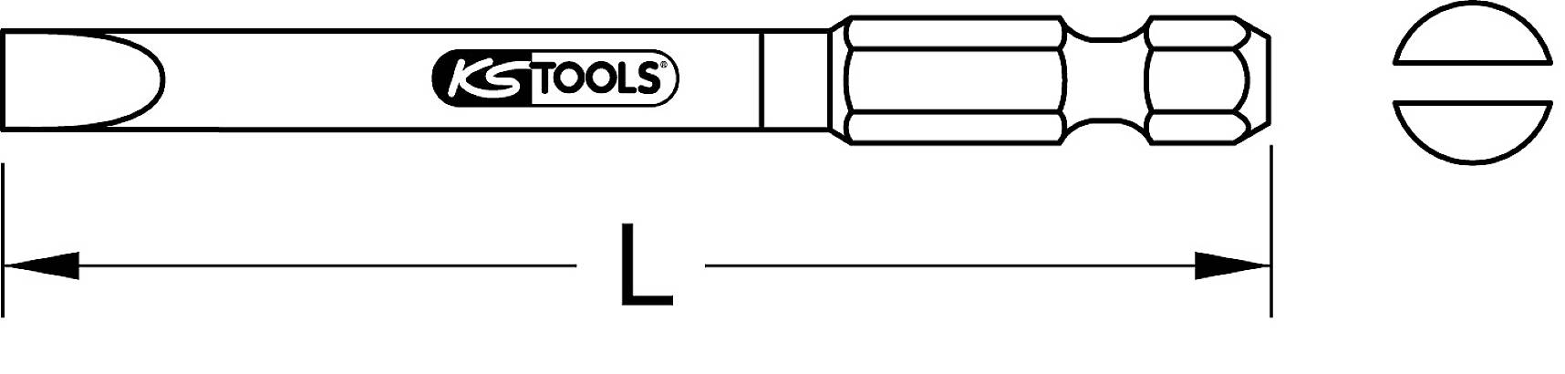 Drawing of a slotted screwdriver with 'KS Tools' marking. Length 'L' is highlighted. Tip has a flat, straight shape.