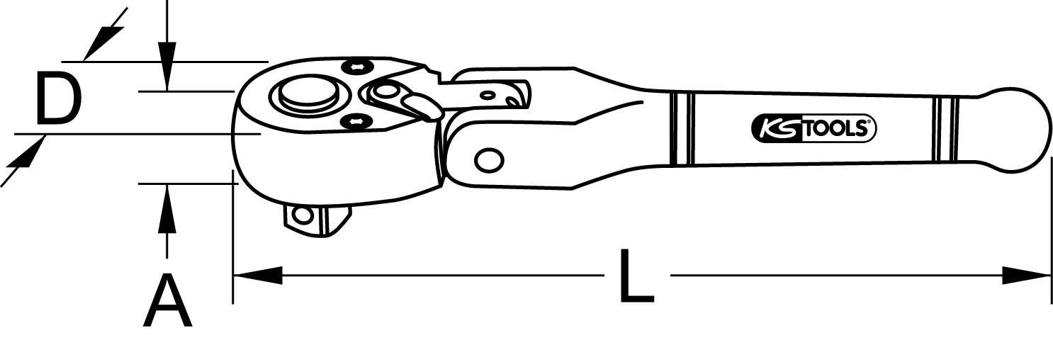 Figure of a mechanical torque wrench with dimensions marked: L (Length), D (Depth), and A (Height). 'KS TOOLS' logo on the handle.