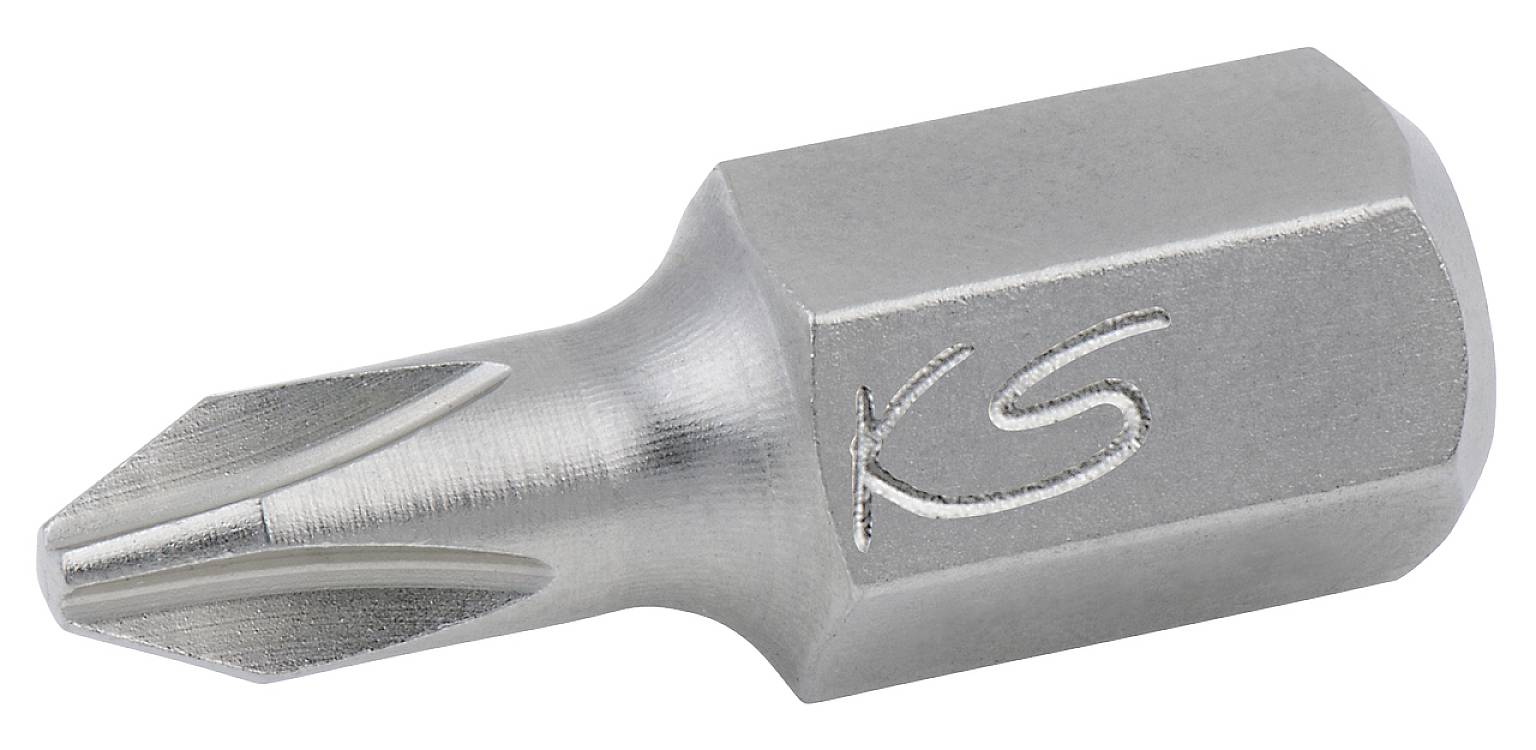 A silver Phillips head screwdriver bit with a hexagonal shaft, engraved with 'KS', suitable for manual or machine use.