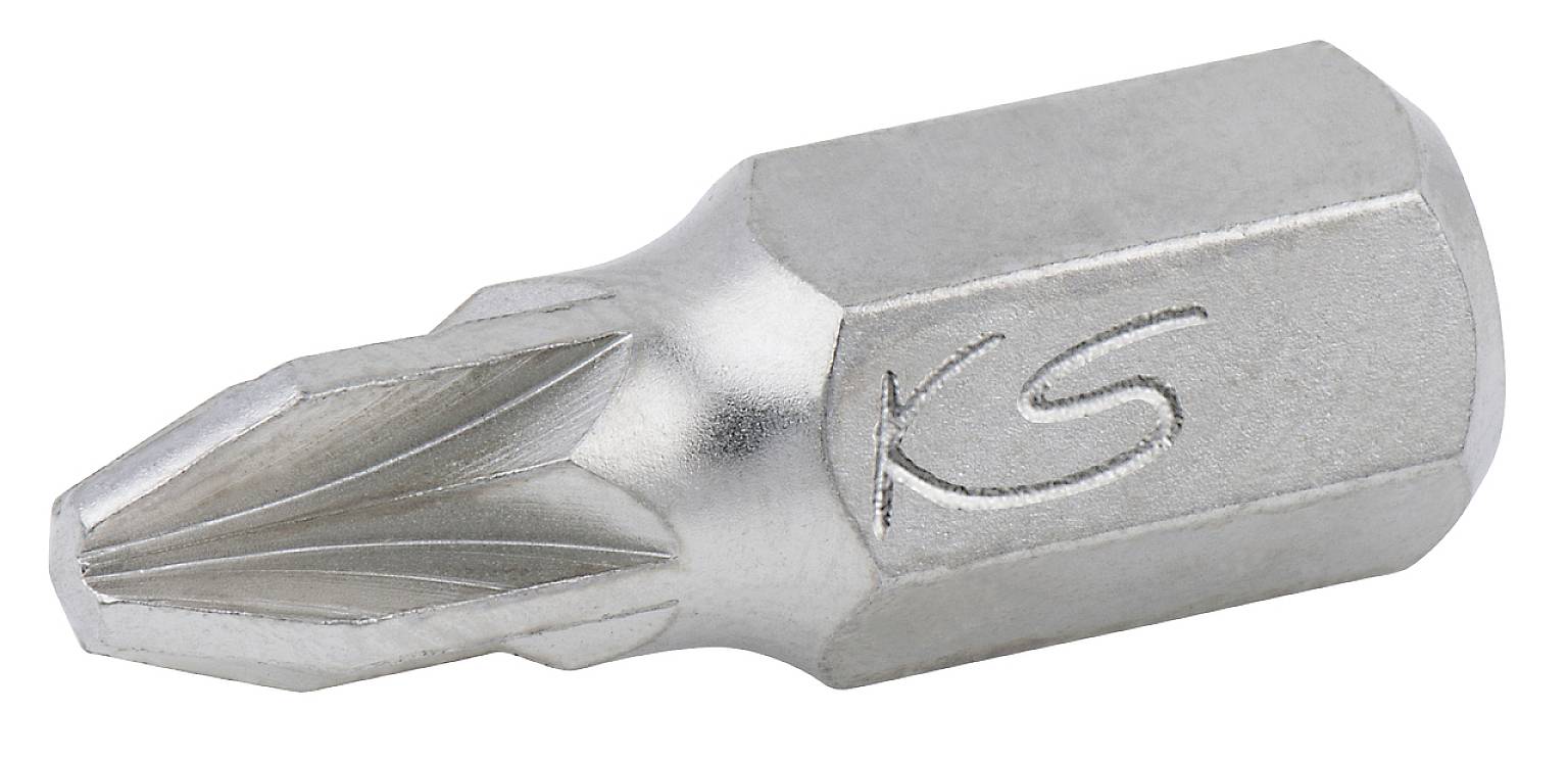 Metal cross-head screwdriver bit with engraved logo, set against a white background.