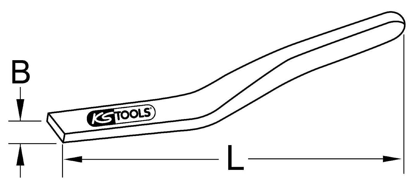 Tool sketch shows a curved lever marked 'KS Tools'. Height 'B' and length 'L' indicated.