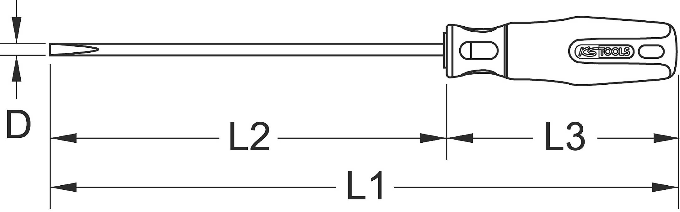 Diagram of a screwdriver with labels for overall length (L1), blade length (L2), handle length (L3) and blade diameter (D).