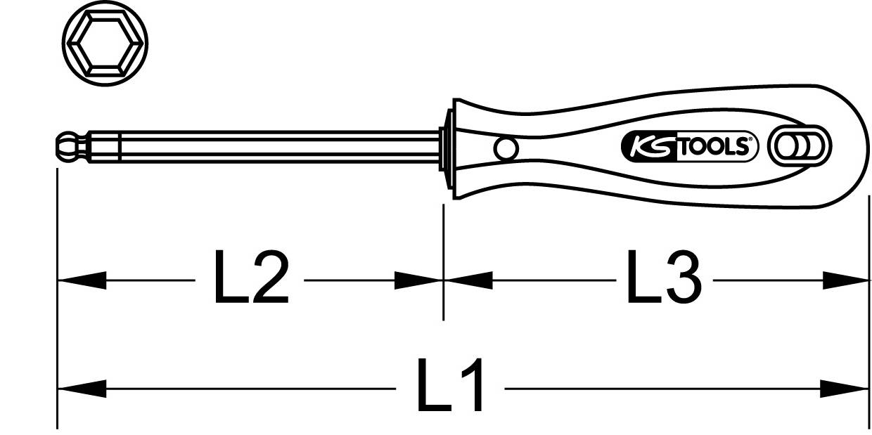 Dimension diagram of a screwdriver with handle by 'KS TOOLS', showing lengths L1, L2, and L3. Hexagonal head depicted at the top.