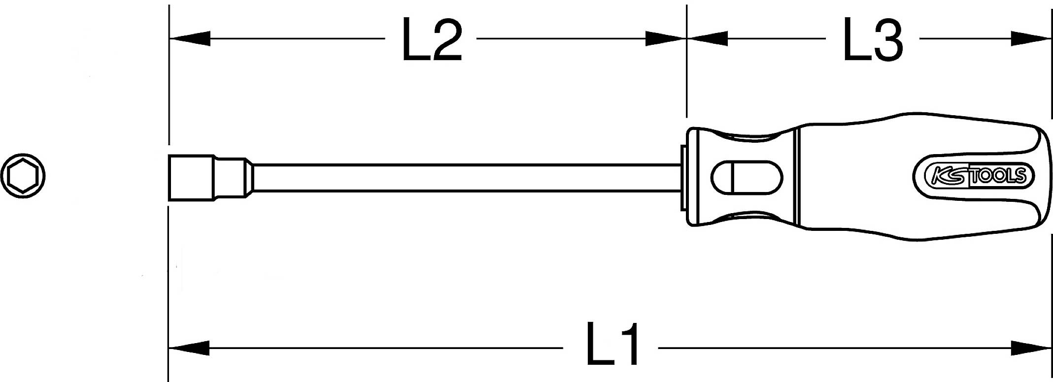 Drawing of a screwdriver with dimensions L1, L2, and L3. Screwdriver with ergonomic handle and magnetic tip.