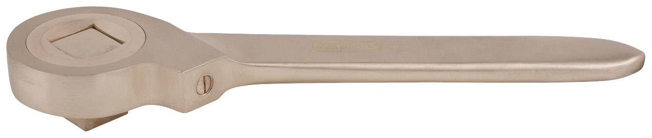 A massive metal spanner with a round head and long handle lies sideways. The head has a square opening.