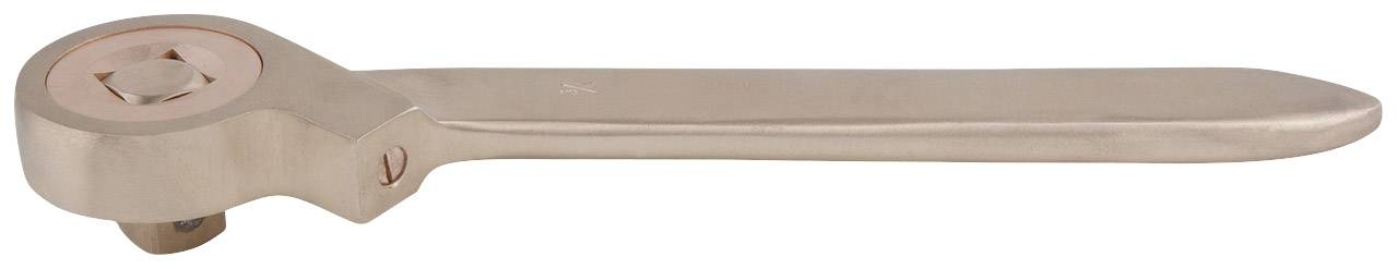 Copper-coloured ratchet with square drive, for fastening or loosening nuts in confined spaces.