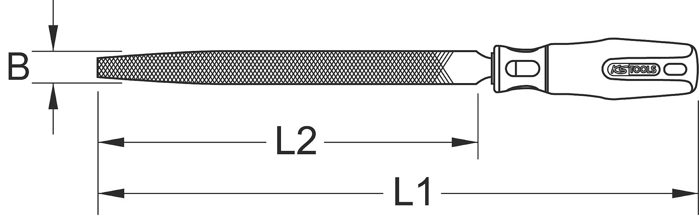 Figure of a file with an ergonomic handle. Dimensions L1 and L2 indicate the overall length and file length respectively; B represents the width.