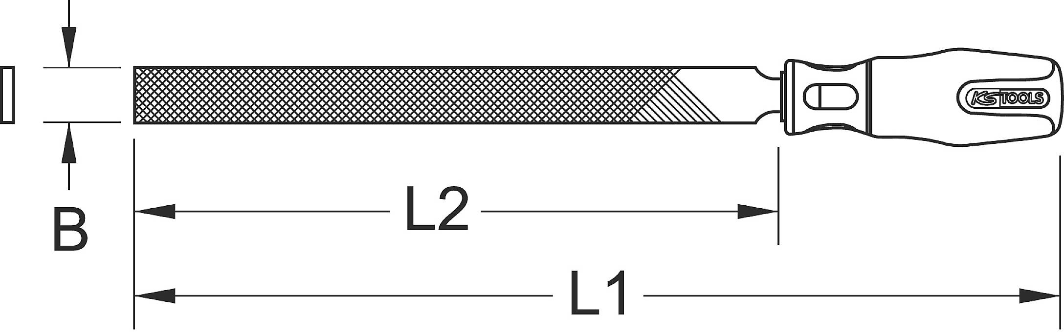 Diagram of a flat file with handle. Dimensions: L1, L2 and B are highlighted. L1 is the overall length, L2 the file length, B the width of the file.