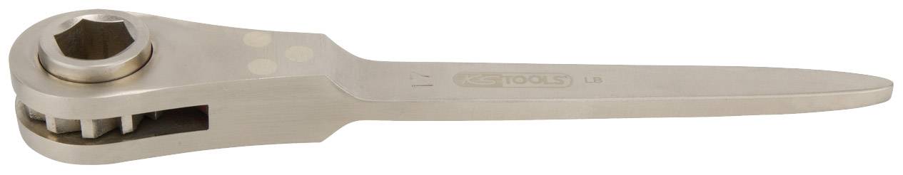 A silver ring spanner with a ratchet mechanism, suitable for work in challenging environments such as construction or mechanical engineering.