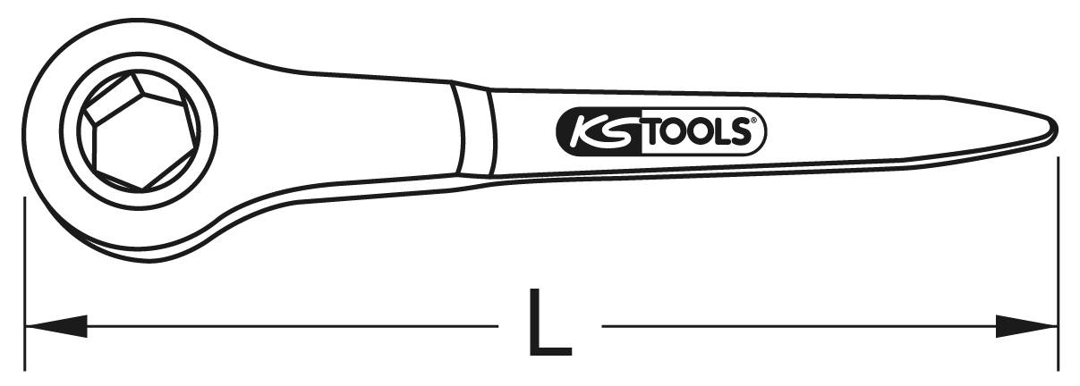 Illustration of a ring spanner with a hexagonal head and the 'KS Tools' logo. The length is marked with 'L'.