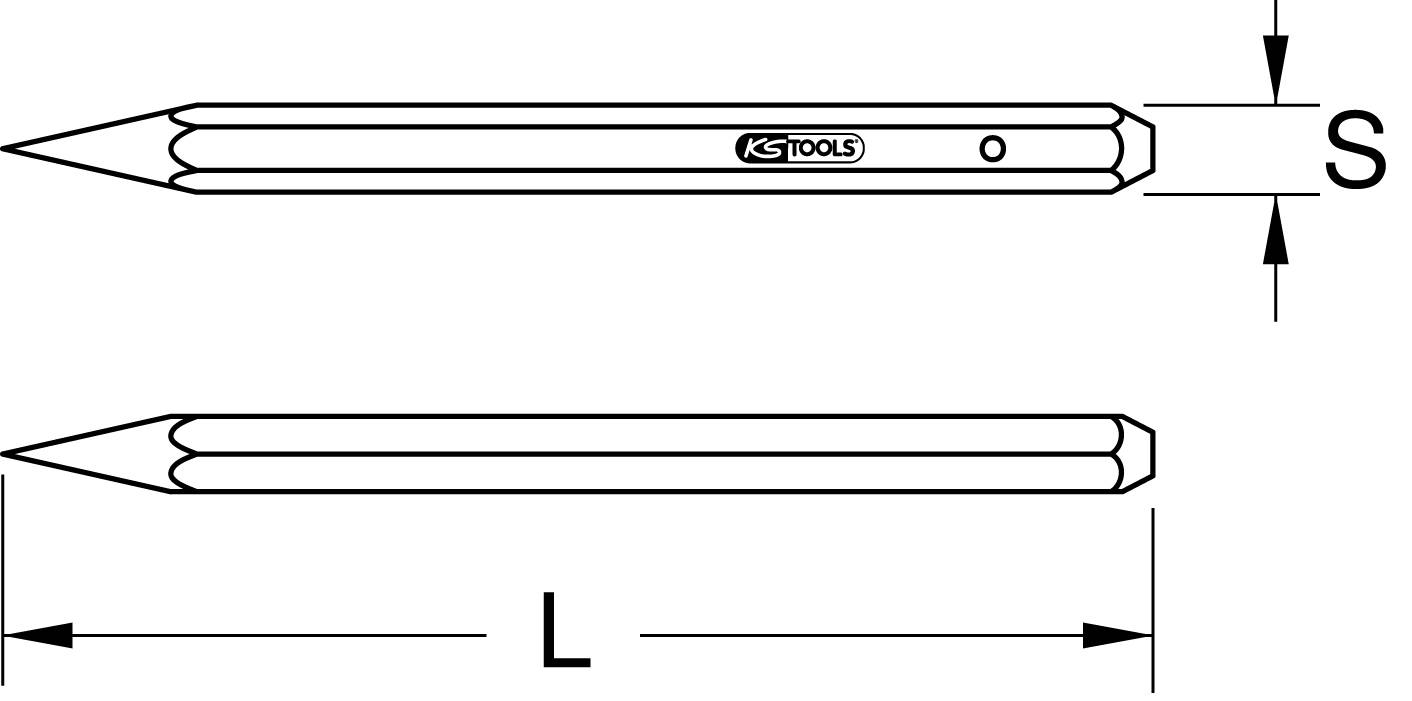 A cross-section of a tool, presumably a stamp, shows the width 'S' and the length 'L'. The brand logo is located at the top.