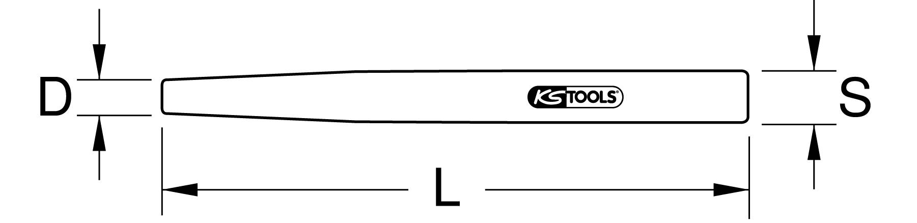 'Sketch of a tool by KS Tools with dimensions: diameter D, length L, and diameter S.'