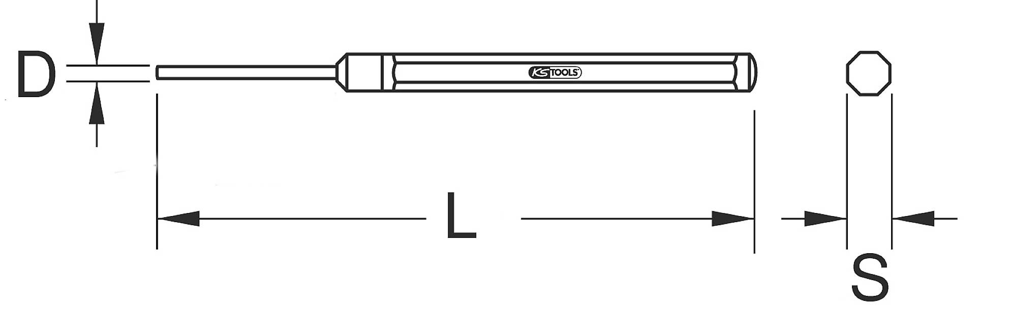 Dimensional drawing of a tool with a circular end. Dimensions D and S are marked, length L is also specified.