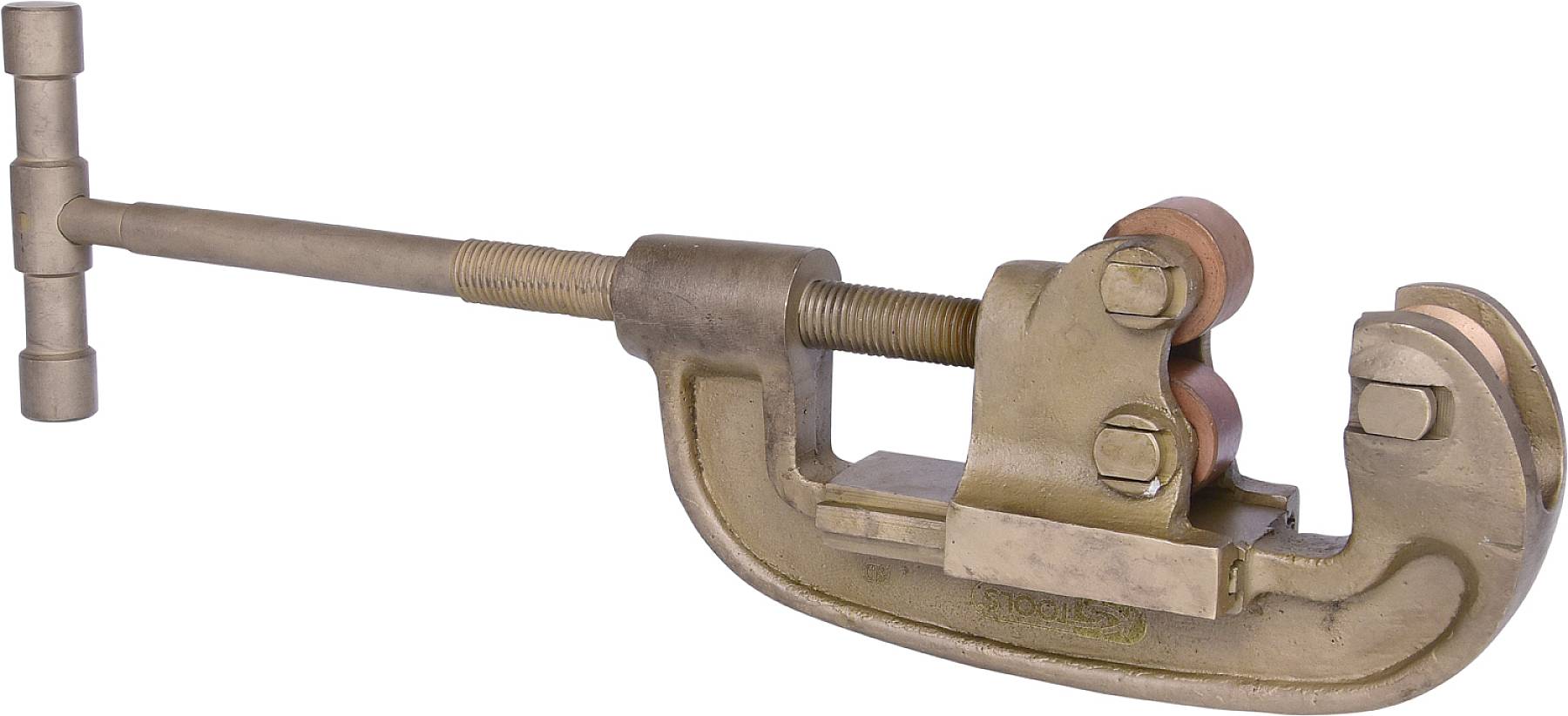 Metal pipe cutter with a pivoting blade and handle for precise pipe cutting.
